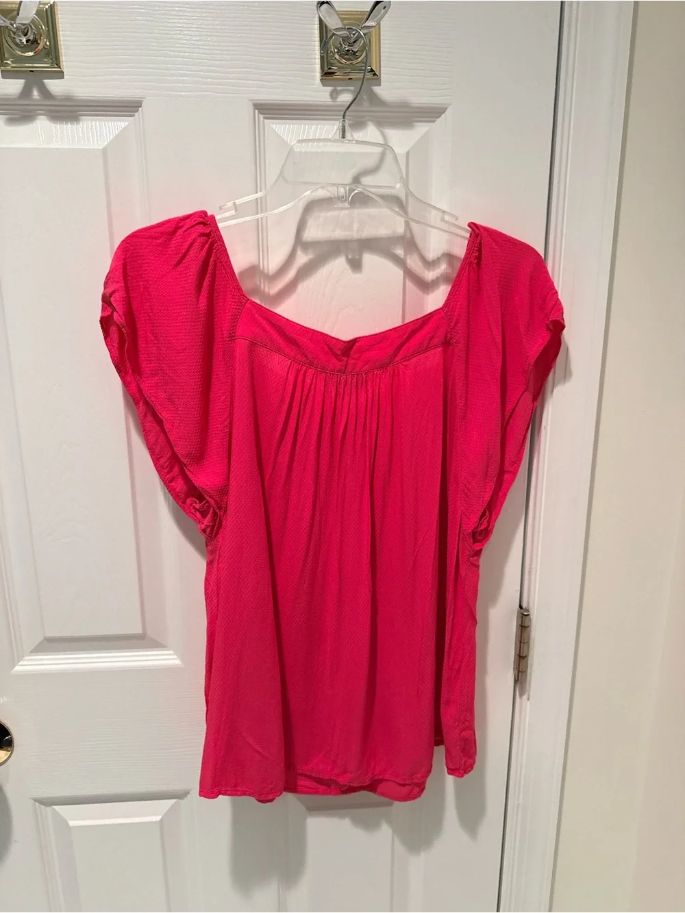 LOFT Hot Pink Puff-Sleeve Scoop Neck Blouse with White Trim
